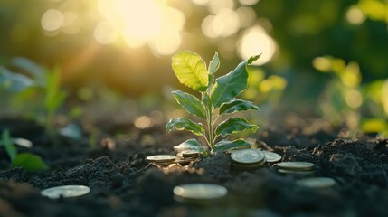 Growth and Prosperity: A Plant Sprouting from a Bed of Coins