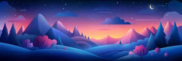 Surreal landscape with vibrant sunset over stylized mountains and trees.