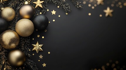 Fancy golden and black christmas background with ornaments. Greeting card mockup
