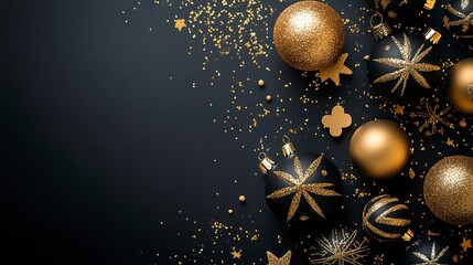Fancy golden and black christmas background with ornaments. Greeting card mockup