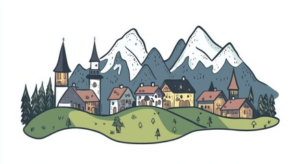 Fototapeta premium Charming alpine scene with quaint buildings and majestic mountains for Oktoberfest