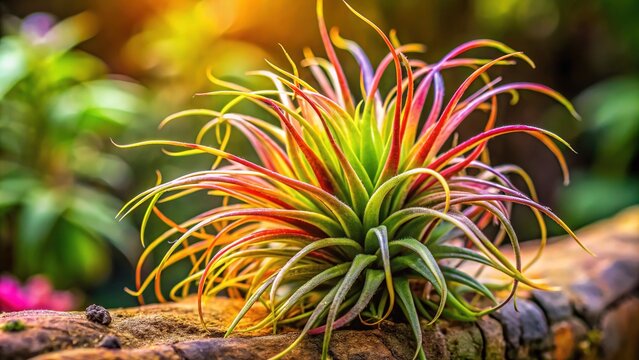 Vibrant green leaves of Denisonii air plant with delicate curly tendrils and soft, fuzzy texture, set against a blurred natural background with subtle earth tones.