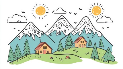 Charming alpine landscape illustration featuring cottages and mountains on a white background