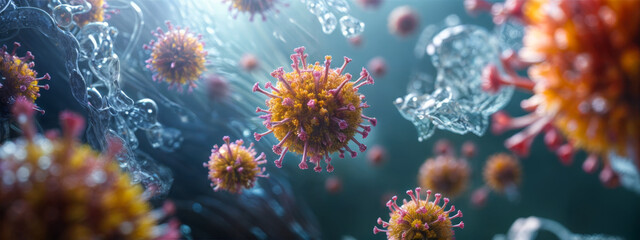 Closeup view of virus particles with detailed spikes in a blue environment