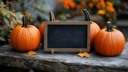Cozy Autumn Decor: Pumpkins and Wooden Blank Sign for Seasonal Messages