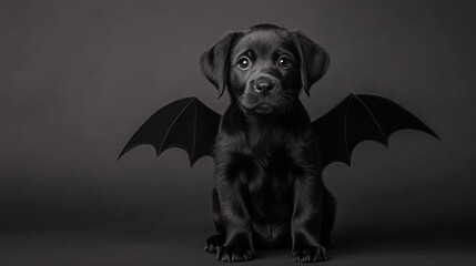 Small Cute Black Baby Puppy Dog with Black Eyes Wearing Scary Black Bat Wings as Halloween Costume. Studio soft lighting shot on plain black grey background, Funny Doggy.