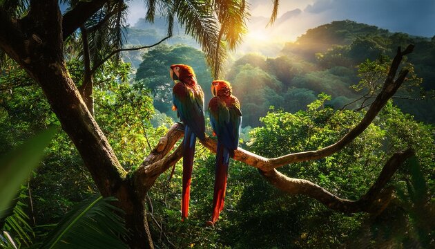 Dos loros, observan el mundo moverse a su alrededor desde las altas ramas de un &aacute;rbol