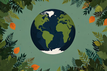 Minimalist Cartoon Earth with Green Leaves Symbolizing Ecology, Environment, and Sustainability