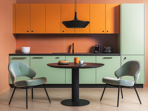 A modern kitchen with a green and orange color scheme, complete with stylish chairs and a minimalist table.