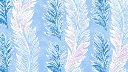 Fototapeta premium A blue-pink wallpaper featuring leaves and flowers on a light blue background with a white border