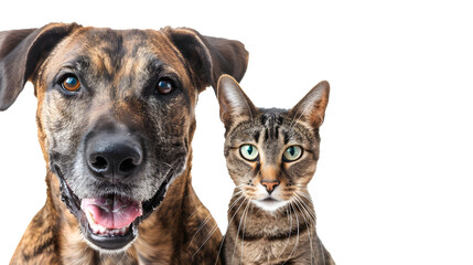 Fototapeta premium Happy dog and cat that looking at the camera together, cut out, isolated on transparent or white background, png