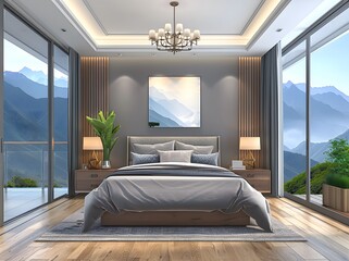 A modern bedroom with wooden floors and gray walls, featuring a large bed with grey bedding, two side tables with lamps on each end of the room, and a window overlooking mountains.