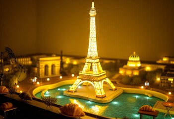 Paris Eiffel Tower shimmering with holographic light surrounded