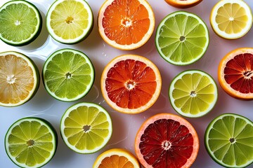 Fototapeta premium Lively Citrus Segments: Fresh Lime, Lemon, and Grapefruit Displayed on a Translucent Background