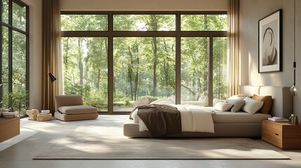 Fototapeta premium Modern bedroom featuring ambient moonlit walls and glowing lunar touches