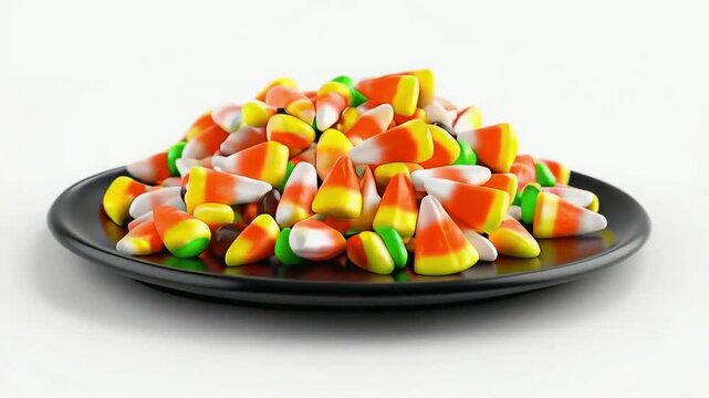 A plate of colorful candy corn, isolated on white background