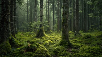 Obraz premium A dense forest covered in lush green moss