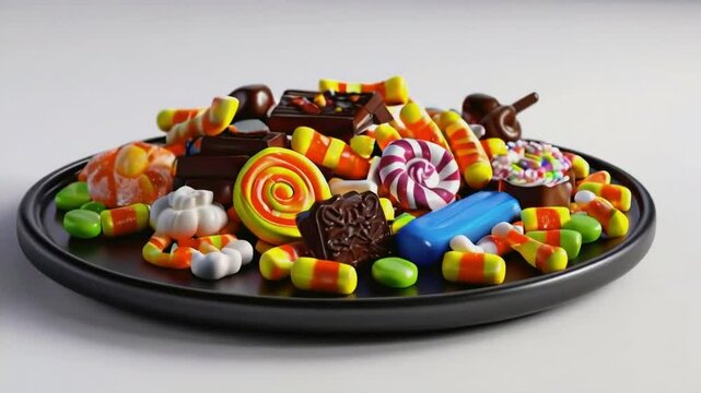 A plate of Halloween candy collection, featuring various colorful candies like candy corn, gummy worms, chocolate bars, and lollipops, isolated on white background