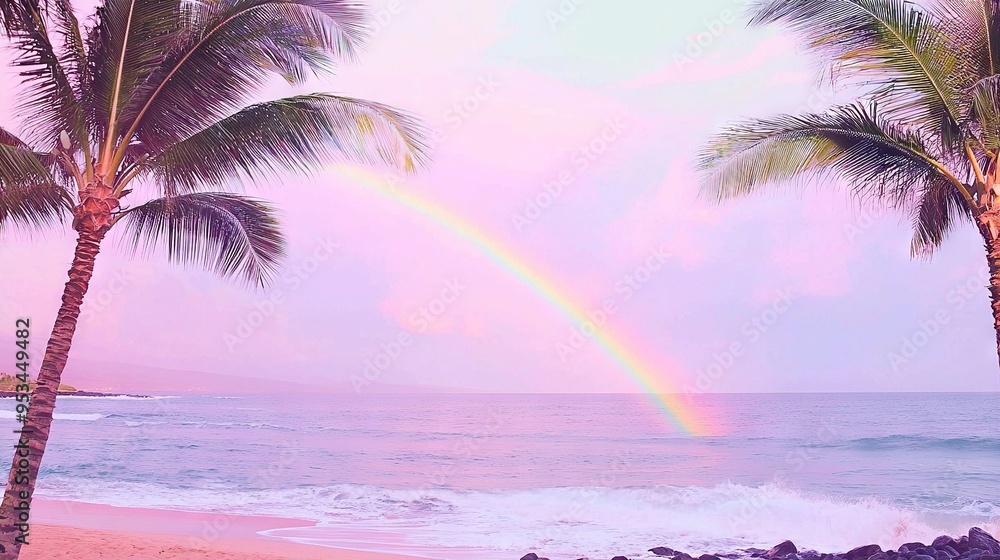Poster two palm trees on a beach with a rainbow in the sky and a rainbow in the ocean background