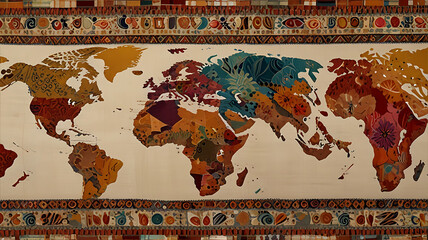 Naklejka premium A diverse array of traditional fabrics from various cultures, each with intricate patterns and vibrant colors, interwoven to form a global textile map on a soft, beige fabric background 