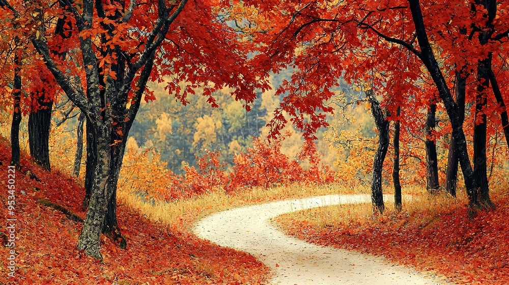 Poster a painting depicts a road enveloped by trees displaying red leaves on the ground and an array of yel