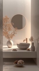 AI image of a modern bathroom with a white background. minimal decoration, a neutral color scheme., highly detailed