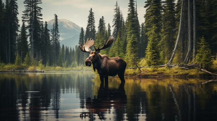 Alpha male moose in the forest..