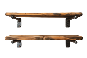 Two Rustic Wooden Shelves with Industrial Metal Brackets