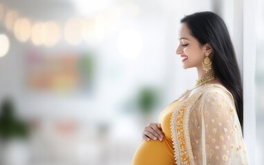 Maternal Serenity: pregnant Indian woman, grace of impending motherhood, portrayed in traditional clothing with cultural motifs, reflecting joy, significance of this special time in her life.