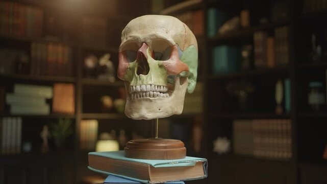 Anatomical color coded human skull model rotating, interactive learning experience. Clear representation of the skull for students and proffesionals. Clinical training. High quality 4k footage