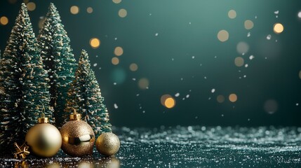 Fototapeta premium Christmas trees with gold christmas decoration on shiny green background 