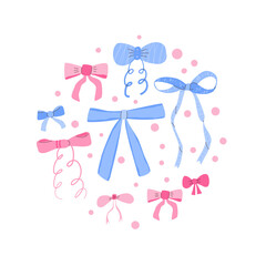 Round composition of pink and blue bow and polka dots. circular emblem against a white background in a cute, whimsical style. Vector hand drawn illustration.