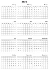 2026 Calendar Template. Vector calendar. Week starts sunday. Calendar template in minimal design