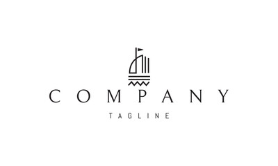 Vector logo with an abstract image of a yacht at sea in a linear style.