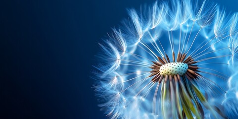 Obraz premium Dandelion seeds in the wind isolated on blue background.