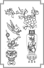 Vector sketch, illustration, silhouette, painting design, plant, flower, floral, background, frame pattern, traditional Chinese ethnic vintage ornament decoration image 