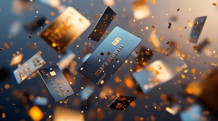 Floating credit cards on a dynamic, blurred golden and blue background. Modern finance and technology concept.