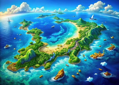 Vibrant illustration of Japan's Okinawa Islands, highlighting bright blue waters, coral reefs, and lush green landscapes within a stylized map of the Japanese archipelago.