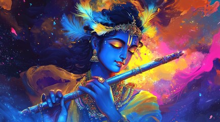 Lord Krishna Playing Flute In Vibrant Cosmic Colors Symbolizing Divine Music Spiritual Energy And Eternal Love In Hindu Mythology Art