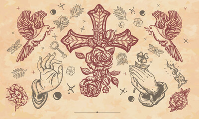 Cross and roses, pigeons, hands in prayer. Old paper vector. Esoteric gothic medieval symbol of christianity, life and death, beliefs. Cover page template. Art background. Manuscript style