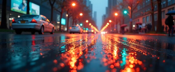 Naklejka premium Rainy Day Traffic Lights Reflecting on Wet Pavement