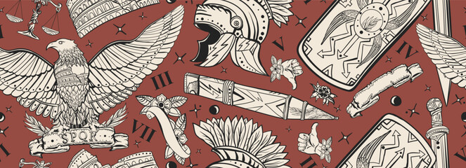 Ancient Rome seamless pattern. Roman eagle, spartan helmet, sword and shield. History of Italy art background