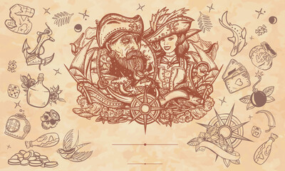 Old sea wolf, pirate girl and ships. Marine adventure . Old paper vector. Cover page template background. Medieval manuscript style. Symbol of ocean adventure, treasure island