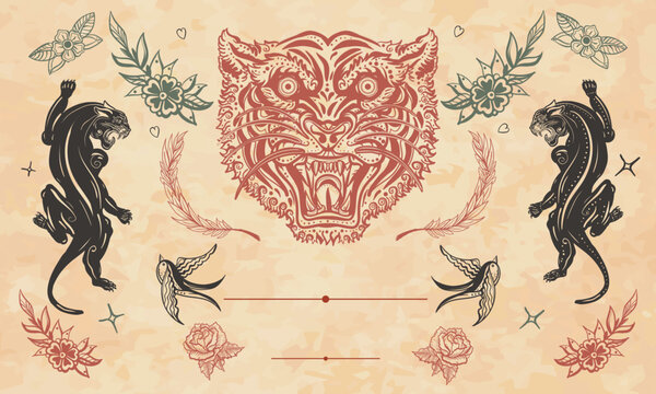 Tiger head and panthers. Old school tattoo style. Cover page template. Art animals background. Medieval manuscript style
