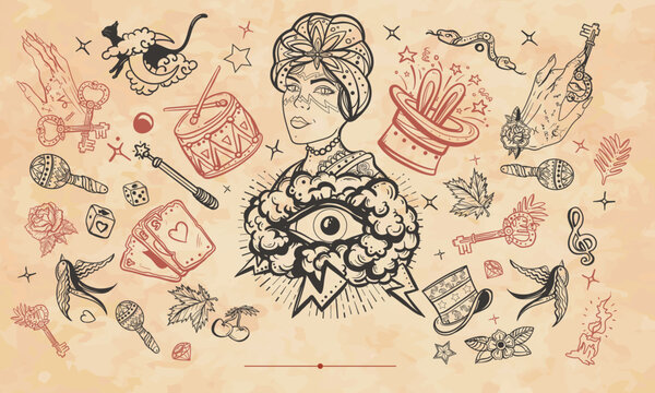 Circus. Fortune teller woman, magic trick, rabbit in a magician hat. Old paper vector. Cover page template. Art background. Medieval manuscript style