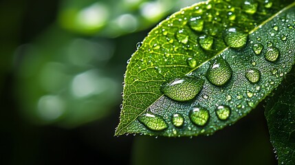 A macro shot capturing the intricate details of water droplets clinging to the surface of a leaf. The droplets glisten like tiny jewels, reflecting the soft light and magnifying the leaf’s delicate 