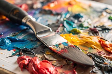 Close-up image of a colorful artist's palette with a painting knife resting on a medley of vibrant oil paint textures and colors. A perfect representation of creative expression and artistic tools.