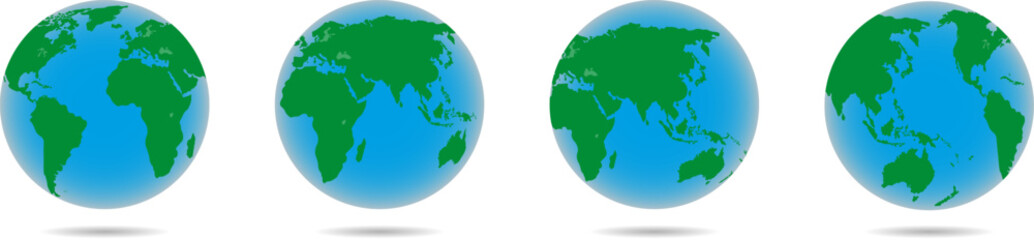 "Realistic globe-shaped Earth icons with world maps, perfect for global designs."