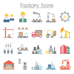 Factory and Industrial icons set in flat color stlye