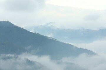 Picturesque view of beautiful mountains covered with fog